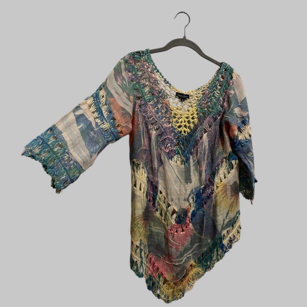 Dor Dor Couture Crochet Floral Asymmetrical 3/4 Sleeve Top Boho Festival Size M - Picture 9 of 11